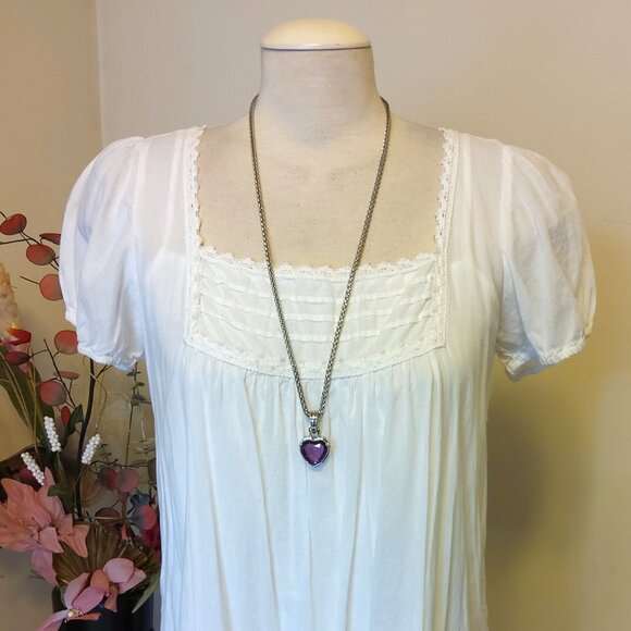 Vintage Purple Cracked Crystal Heart Silver Pendant Silver Tone Long Necklace - Picture 9 of 11